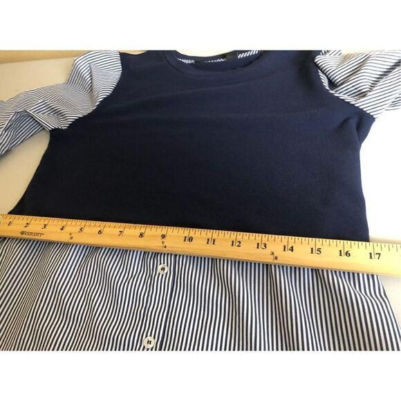 Halogen  Blouse Long Bell Sleeves  Navy Blue Striped Size S - Picture 10 of 13